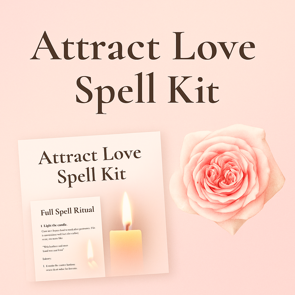 Attract Love Spell Kit promotional image featuring elegant serif text, a glowing candle, a pale pink rose, and a page from the spell ritual on a soft pink background. Attract Love Spell Kit promotional image featuring elegant serif text, a glowing candle, a pale pink rose, and a page from the spell ritual on a soft pink background.