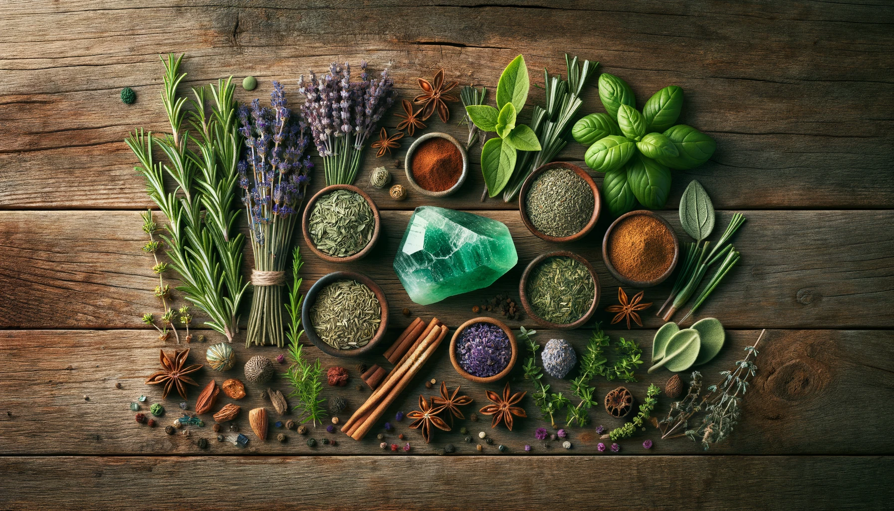 A serene collection of assorted herbs and spices, including rosemary, thyme, lavender, cinnamon sticks, and star anise, neatly arranged with a shimmering green aventurine crystal on a rustic wooden surface, highlighting natural beauty and simplicity. A serene collection of assorted herbs and spices, including rosemary, thyme, lavender, cinnamon sticks, and star anise, neatly arranged with a shimmering green aventurine crystal on a rustic wooden surface, highlighting natural beauty and simplicity.
