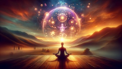 A serene landscape at sunrise symbolizing new beginnings, with a transparent silhouette of a person in a meditative pose foregrounded by ethereal, glowing orbs floating upwards, representing the manifestation of thoughts and desires into reality.