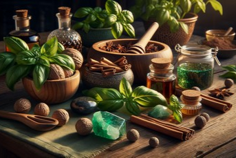 A photo-realistic depiction of a wooden table set with ingredients for a wealth and prosperity spell, including fresh basil leaves, cinnamon sticks, whole nutmegs, a jar of honey, and a green aventurine crystal, each symbolizing various aspects of abundance and success, arranged with intention and ready for spell casting.