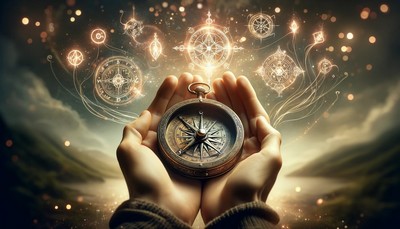 Hands holding a compass, with magical symbols floating around. Hands holding a compass, with magical symbols floating around.