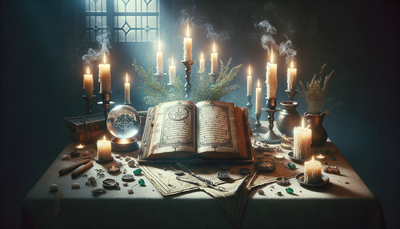 An image depicting a mystical scene with an ancient spellbook open on a table, surrounded by candles, a crystal ball, and scattered herbs, set in a dimly lit, mysterious setting.
