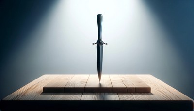 A photo-realistic image showcasing a sleek and black Athame, known as the Blade of Power, set upon a simple and sparse altar made of natural wood. The Athame's silver hilt is intricately designed, symbolizing power and protection. The scene is minimalistic, with a focused light illuminating the blade from above, casting soft shadows on the altar. This serene and focused depiction highlights the elegance and mystical significance of the Athame in a clear and uncluttered setting. A photo-realistic image showcasing a sleek and black Athame, known as the Blade of Power, set upon a simple and sparse altar made of natural wood. The Athame's silver hilt is intricately designed, symbolizing power and protection. The scene is minimalistic, with a focused light illuminating the blade from above, casting soft shadows on the altar. This serene and focused depiction highlights the elegance and mystical significance of the Athame in a clear and uncluttered setting.