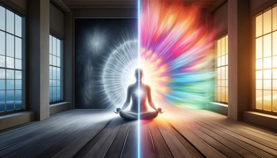 Before and after image of aura transformation showing clear improvement, with the left side featuring a dim and muted aura around a serene figure, and the right side showing the same figure with a brightly colored and radiant aura, captured in a simple, uncluttered photograph-like quality.