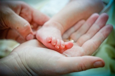 A mother's hand cradling a new born baby's tiny foot