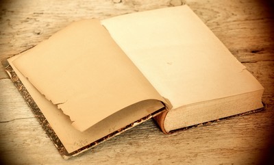 An open blank book on a table