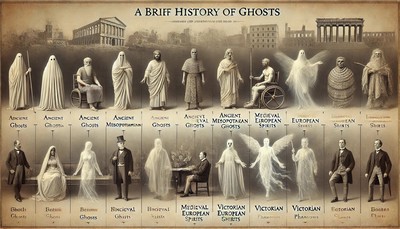 An image depicting a brief history of ghosts. It features a timeline of ghostly figures from different cultures and historical periods, including ancient Mesopotamian ghosts, medieval European spirits, and Victorian-era phantoms. The background evokes a sense of history with faded, parchment-like textures and subtle imagery of old books and artifacts. The ghostly figures are ethereal and slightly transparent, each representing their respective time periods and cultural characteristics. Ghosts through history - ancient depictions An image depicting a brief history of ghosts. It features a timeline of ghostly figures from different cultures and historical periods, including ancient Mesopotamian ghosts, medieval European spirits, and Victorian-era phantoms. The background evokes a sense of history with faded, parchment-like textures and subtle imagery of old books and artifacts. The ghostly figures are ethereal and slightly transparent, each representing their respective time periods and cultural characteristics. Ghosts through history - ancient depictions