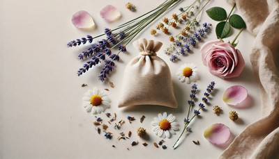 A simple, uncluttered image depicting lavender, chamomile, and rose petals on a clean, white background. The herbs are neatly arranged beside a small pouch made of natural cloth, creating a serene and calming atmosphere.