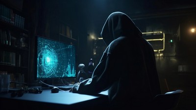 The image shows a person in a hooded top sitting in front of a computer monitor in a dark room. The screen displays a complex graphical interface with circular patterns and lines, suggesting activities related to cybersecurity, hacking, or programming. The dim lighting emphasizes the focus and concentration on the task at hand. The image shows a person in a hooded top sitting in front of a computer monitor in a dark room. The screen displays a complex graphical interface with circular patterns and lines, suggesting activities related to cybersecurity, hacking, or programming. The dim lighting emphasizes the focus and concentration on the task at hand.