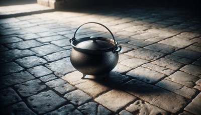 a small, cast iron cauldron set on a sparse, uneven stone floor. The cauldron, with its classic rounded shape and sturdy handle, sits solidly on the gray stone tiles, which vary in shade. The minimalistic setting highlights the cauldron's rustic charm and magical potential. Soft, natural light filters in, casting gentle shadows and illuminating the textures of the cauldron and stone, creating a serene atmosphere that captures the essence of traditional witchcraft practices. a small, cast iron cauldron set on a sparse, uneven stone floor. The cauldron, with its classic rounded shape and sturdy handle, sits solidly on the gray stone tiles, which vary in shade. The minimalistic setting highlights the cauldron's rustic charm and magical potential. Soft, natural light filters in, casting gentle shadows and illuminating the textures of the cauldron and stone, creating a serene atmosphere that captures the essence of traditional witchcraft practices.