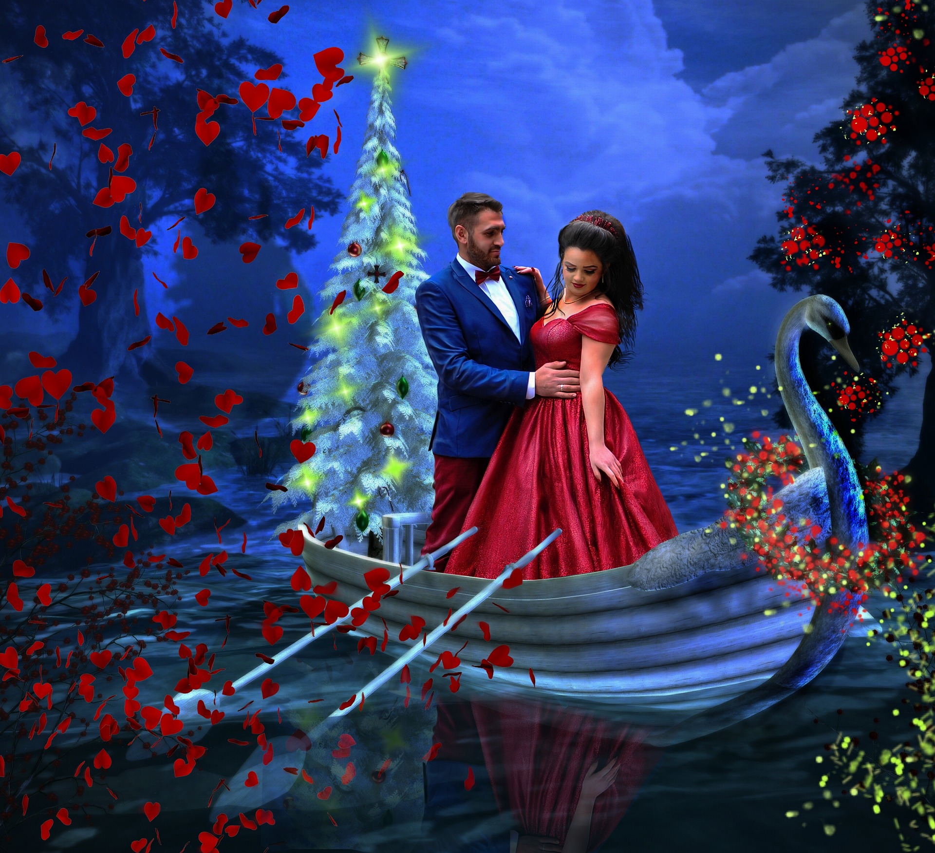 Couple on a boat under a Christmas Tree
