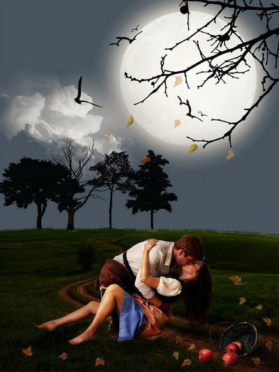 A picture outdoors containing sky, grass, and lovers embracing.
