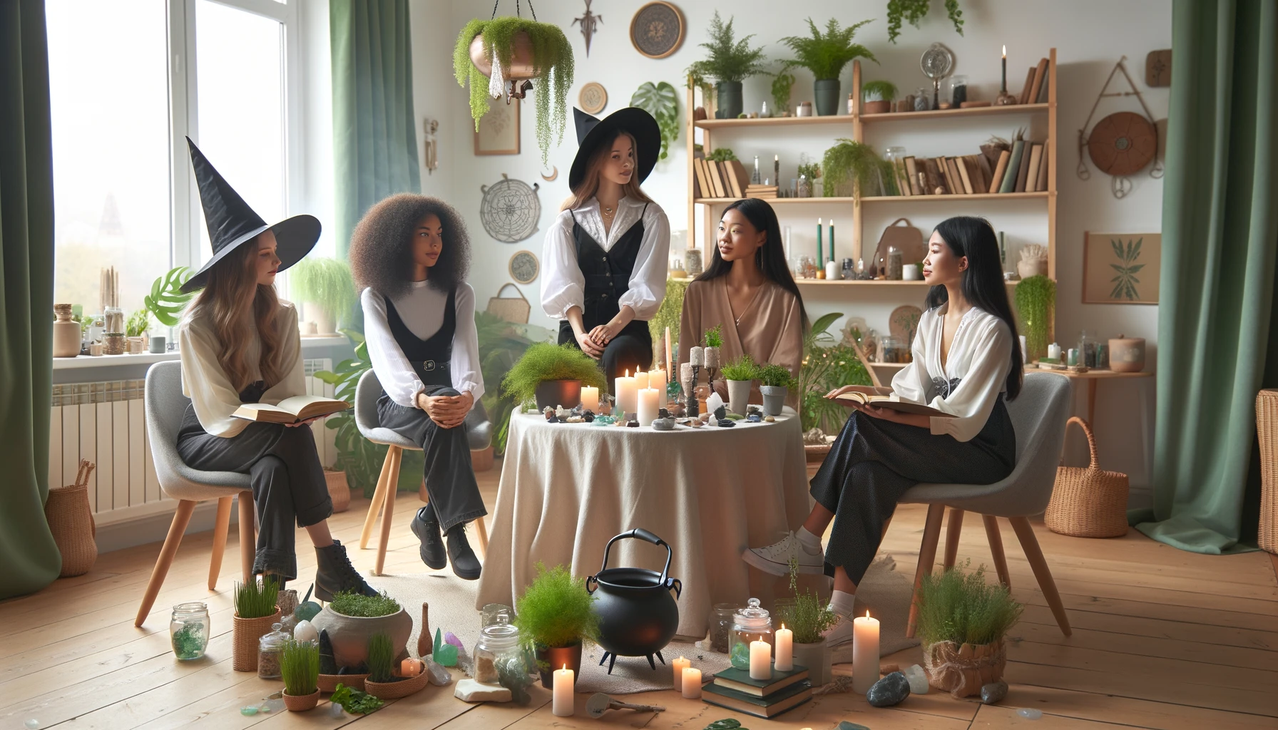 A group of people gathered around a table dressed in witches garb.