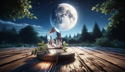 A polished clear crystal amulet placed on a rustic wooden surface in a serene garden at night, illuminated by the gentle glow of the full moon, highlighting its clarity and intricate details.