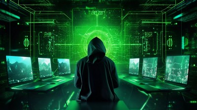 A person in a hooded top sits in front of multiple computer monitors within a dark room illuminated by green light. The monitors display various digital graphs and interfaces, suggesting a high-tech environment. The person’s face is not visible, adding an air of mystery. The overall atmosphere is reminiscent of cyber security or hacking activities. A person in a hooded top sits in front of multiple computer monitors within a dark room illuminated by green light. The monitors display various digital graphs and interfaces, suggesting a high-tech environment. The person’s face is not visible, adding an air of mystery. The overall atmosphere is reminiscent of cyber security or hacking activities.