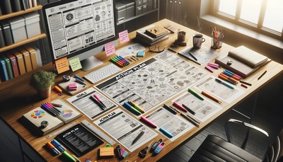 Photo-realistic image of a detailed and personalized action plan spread out on a well-lit desk in an organized workspace. The plan is presented on several sheets of paper with clear handwriting, accompanied by colorful markers, highlighters, a digital tablet, and a cup of coffee. Sticky notes with motivational quotes and key reminders are visible, enhancing the atmosphere of dedication and strategic planning.