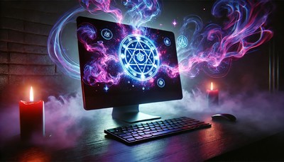 A computer screen emanating dark, ethereal energy with a glowing mystical spell icon. The screen pulses in shades of purple, neon blue, and black, casting a supernatural glow in a dark room, with tendrils of mist seeping into the surroundings, representing digital curses. A computer screen emanating dark, ethereal energy with a glowing mystical spell icon. The screen pulses in shades of purple, neon blue, and black, casting a supernatural glow in a dark room, with tendrils of mist seeping into the surroundings, representing digital curses.