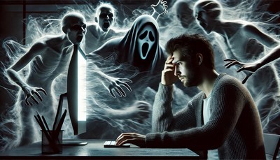 scene of a distressed person sitting in front of a computer screen, looking anxious and tense. Shadowy figures with swirling negative energy surround them, creating a menacing atmosphere. The screen casts an eerie glow, illuminating the person's worried expression while the dark figures fill the background, representing a haunting digital threat. scene of a distressed person sitting in front of a computer screen, looking anxious and tense. Shadowy figures with swirling negative energy surround them, creating a menacing atmosphere. The screen casts an eerie glow, illuminating the person's worried expression while the dark figures fill the background, representing a haunting digital threat.