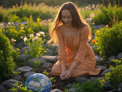 The image depicts a serene scene where a woman in an orange dress is kneeling in a garden surrounded by vibrant green plants and blooming flowers. She is gently touching the earth, emphasizing a connection to nature. Nearby, a globe lies nestled among rocks, symbolizing the harmony and nurturing energy of the Element of Earth. The image depicts a serene scene where a woman in an orange dress is kneeling in a garden surrounded by vibrant green plants and blooming flowers. She is gently touching the earth, emphasizing a connection to nature. Nearby, a globe lies nestled among rocks, symbolizing the harmony and nurturing energy of the Element of Earth.