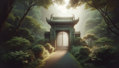 Gated entrance to a garden shrouded in mist.