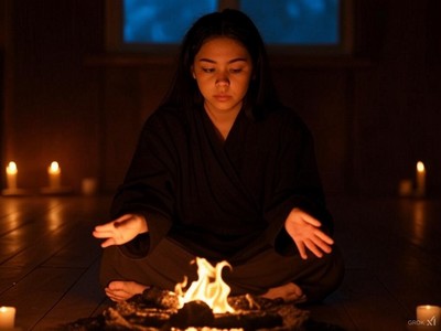 A serene woman seated in a dimly lit room, meditating with a small fire in front of her, surrounded by glowing candles, symbolizing the transformative energy of the Element of Fire.