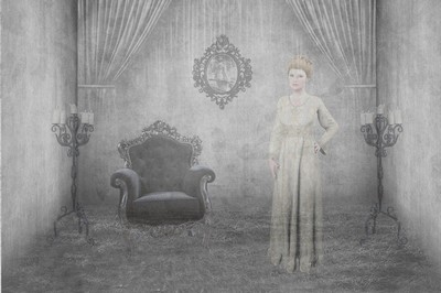 An image featuring a vintage-style room with a hazy, ethereal atmosphere. The room is adorned with two wall-mounted candelabras on either side, an ornate oval mirror hanging on the wall, and a large, luxurious armchair with dark upholstery in the center. A figure stands in front of the chair, appearing translucent and ghost-like due to the overlay effect that makes them blend into the background. The figure’s face is obscured by a pixelated block for privacy. The overall color palette is muted with shades of gray and white, contributing to the haunting and antique ambiance of the scene. An image featuring a vintage-style room with a hazy, ethereal atmosphere. The room is adorned with two wall-mounted candelabras on either side, an ornate oval mirror hanging on the wall, and a large, luxurious armchair with dark upholstery in the center. A figure stands in front of the chair, appearing translucent and ghost-like due to the overlay effect that makes them blend into the background. The figure’s face is obscured by a pixelated block for privacy. The overall color palette is muted with shades of gray and white, contributing to the haunting and antique ambiance of the scene.