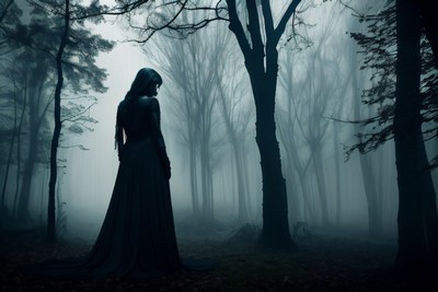 A dark, misty forest scene with towering, bare trees shrouded in fog. A mysterious figure, dressed in a long, flowing black gown, stands with her back turned, gazing into the mist. Her silhouette is haunting and solitary, adding an eerie, ghostly atmosphere to the scene as she seems almost to blend into the shadows of the dense woods. The ambiance suggests a supernatural presence, evoking feelings of suspense and intrigue. A dark, misty forest scene with towering, bare trees shrouded in fog. A mysterious figure, dressed in a long, flowing black gown, stands with her back turned, gazing into the mist. Her silhouette is haunting and solitary, adding an eerie, ghostly atmosphere to the scene as she seems almost to blend into the shadows of the dense woods. The ambiance suggests a supernatural presence, evoking feelings of suspense and intrigue.