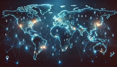 A world map illuminated by points of connectivity, symbolizing global reach and accessibility.