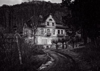 A haunting, black-and-white image of an old, abandoned mansion set against a forest backdrop. The path leading up to the house is overgrown and lined with bare, twisted trees, giving the scene an eerie, desolate atmosphere. The building itself is large, with multiple windows and a steep, sloped roof, appearing weathered and possibly haunted. A haunting, black-and-white image of an old, abandoned mansion set against a forest backdrop. The path leading up to the house is overgrown and lined with bare, twisted trees, giving the scene an eerie, desolate atmosphere. The building itself is large, with multiple windows and a steep, sloped roof, appearing weathered and possibly haunted.