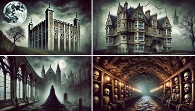 An eerie collage of famous haunted locations including the Tower of London with its medieval stone structure and gloomy ambiance, the Winchester Mystery House with its distinctive Victorian architecture and mysterious appearance, and the Paris Catacombs with its dark, winding tunnels lined with skulls and bones. The background is dark and misty, enhancing the spooky atmosphere. An eerie collage of famous haunted locations including the Tower of London with its medieval stone structure and gloomy ambiance, the Winchester Mystery House with its distinctive Victorian architecture and mysterious appearance, and the Paris Catacombs with its dark, winding tunnels lined with skulls and bones. The background is dark and misty, enhancing the spooky atmosphere.