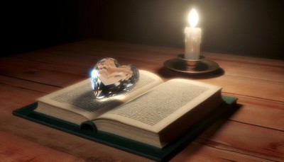 In a tranquil, dimly lit room, a heart-shaped crystal rests on an open book on a wooden table, symbolizing the quest for knowledge in matters of the heart. The book's pages are adorned with elegant, unreadable script. To the side, a single candle burns brightly, casting a hopeful glow and representing resilience in love's challenges. The scene exudes an atmosphere of introspection and tranquility.