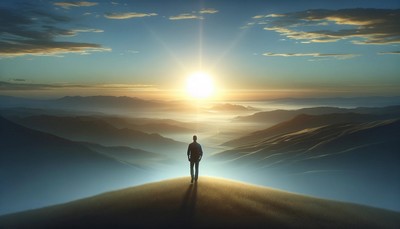 image of a person standing on a hill at dawn, looking towards a rising sun, symbolizing new beginnings and the power of belief. The image represents the theme of conviction and self-belief in a simple, uncluttered landscape. image of a person standing on a hill at dawn, looking towards a rising sun, symbolizing new beginnings and the power of belief. The image represents the theme of conviction and self-belief in a simple, uncluttered landscape.