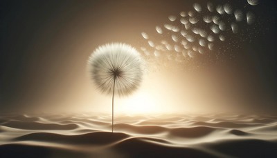 Photo-realistic image of a large dandelion seed head in the center, dispersing its seeds into the air under soft, warm lighting. The background features a subtle natural landscape, slightly out of focus, emphasizing the delicate nature of the seeds in flight. Photo-realistic image of a large dandelion seed head in the center, dispersing its seeds into the air under soft, warm lighting. The background features a subtle natural landscape, slightly out of focus, emphasizing the delicate nature of the seeds in flight.