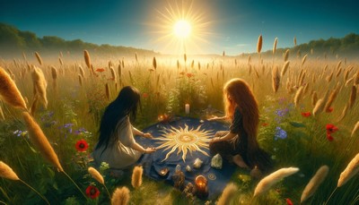 image of a sunlit field during the Festival of Litha, with two young female witches, one with long black hair and the other with wavy auburn hair, performing a ritual with a sun symbol and crystals on a cloth, celebrating the peak of summer's power in a field of tall grasses and wildflowers. image of a sunlit field during the Festival of Litha, with two young female witches, one with long black hair and the other with wavy auburn hair, performing a ritual with a sun symbol and crystals on a cloth, celebrating the peak of summer's power in a field of tall grasses and wildflowers.