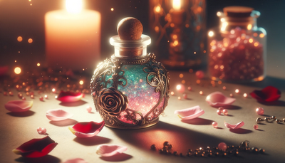 An image of a romantic and mystical love potion in a delicate and ornate vial filled with colorful liquid.