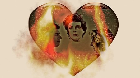 A heart shape with the images of a man and two women within it.