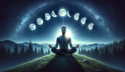 Person meditating under a night sky with visible moon phases, symbolizing holistic and spiritual alignment with lunar energy.