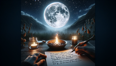 A pair of hands holding a quill pen is writing on a parchment, illuminated by candlelight, with a mystical full moon and silhouettes of people in the background. A pair of hands holding a quill pen is writing on a parchment, illuminated by candlelight, with a mystical full moon and silhouettes of people in the background.