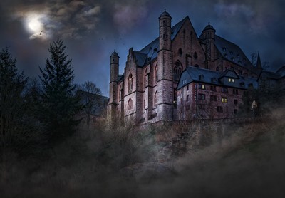 Victorian-era haunted house. Image of a medieval mansion on a hilltop in the moonlight Victorian-era haunted house. Image of a medieval mansion on a hilltop in the moonlight