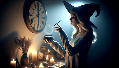 An enchanting scene of a witch casting a spell at midnight on New Year's Eve, with a clock striking twelve, representing the potent moment of transformation.