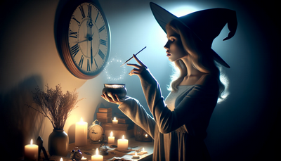 An enchanting scene of a witch casting a spell at midnight on New Year's Eve, with a clock striking twelve, representing the potent moment of transformation. An enchanting scene of a witch casting a spell at midnight on New Year's Eve, with a clock striking twelve, representing the potent moment of transformation.