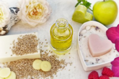 bottle of oil with herbs and spices.