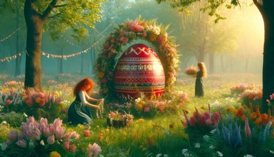 Photorealistic image of a vibrant spring meadow during the Festival of Ostara, with two young female witches, one with curly red hair and one with straight blonde hair, arranging floral wreaths near a large decorated egg, symbolizing fertility and renewal. Photorealistic image of a vibrant spring meadow during the Festival of Ostara, with two young female witches, one with curly red hair and one with straight blonde hair, arranging floral wreaths near a large decorated egg, symbolizing fertility and renewal.