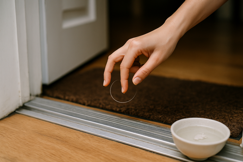Person’s hand tracing a small circle above a front door threshold during a simple home cleanse ritual.