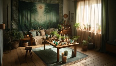 A cozy living room adapted into a sacred space for a witches coven, featuring a wooden table with crystals, candles, and plants, surrounded by nature-themed tapestries, creating an atmosphere of magic and belonging.
