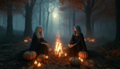 Image of a twilight autumn forest setting with two young female witches, one with silver hair and one with dark brown hair, seated near a crackling bonfire surrounded by pumpkins and candles, capturing the mystical and reflective atmosphere of the Festival of Samhain. Image of a twilight autumn forest setting with two young female witches, one with silver hair and one with dark brown hair, seated near a crackling bonfire surrounded by pumpkins and candles, capturing the mystical and reflective atmosphere of the Festival of Samhain.