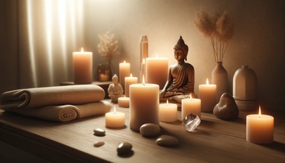 A photo-realistic image of a tranquil setting featuring several candles of varying heights lit and casting a warm glow, with a small Buddha statue, a crystal, and softly folded linen in earth tones on a wooden surface, creating an atmosphere of tranquility and spiritual reflection.