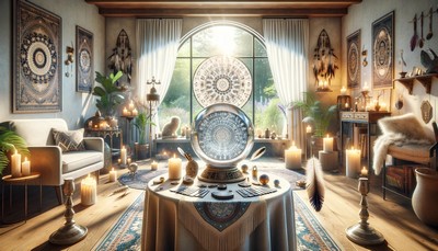 A serene setup for spiritual consultation in a room bathed in natural light, featuring a round table covered with a white cloth, a crystal ball, tarot cards, and burning incense. Behind the table, a large window reveals a peaceful garden, enhancing the tranquil atmosphere. The room is adorned with symbols of spirituality such as mandalas, feathers, and candles, creating a harmonious environment conducive to introspection and guidance.