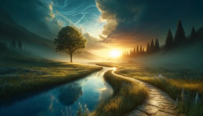 A serene, natural landscape at sunrise, featuring a clear, well-defined path meandering through, symbolizing a personalized and transformative spiritual journey towards inner growth and clarity.