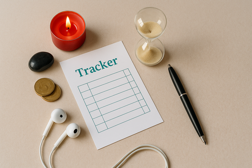 Photo-realistic 4:3 flat lay of a beginner spell toolkit—lit red candle, hourglass, teal tracker sheet, pen, coins, black protection stone, and white earbuds on a beige background.